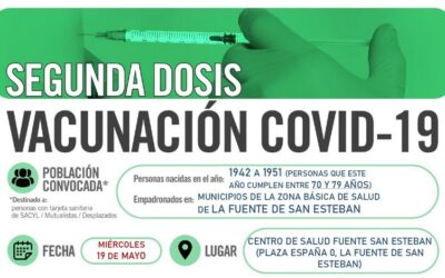 Horarios de vacunación frente a COVID-19 SEGUNDA DOSIS (población entre 70 y 79 años) en La Fuente de San Esteban