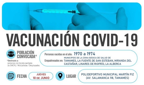 Horarios de vacunación frente a COVID-19 (personas nacidas en el año 1970 a 1974) en Tamames