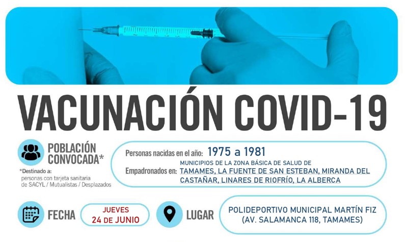 Horarios de vacunación frente a COVID-19 (personas nacidas en el año 1975 a 1981) en Tamames