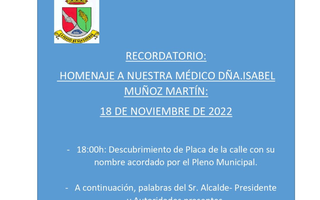 Recordatorio: Homenaje a nuestra médico Dña. Isabel Muñoz Martín