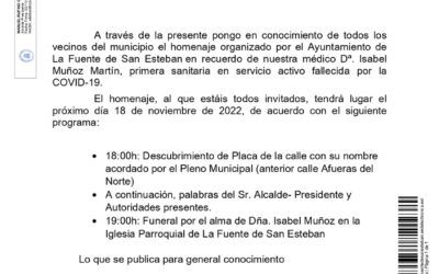 Bando homenaje a nuestra médico Dª. Isabel Muñoz Martín