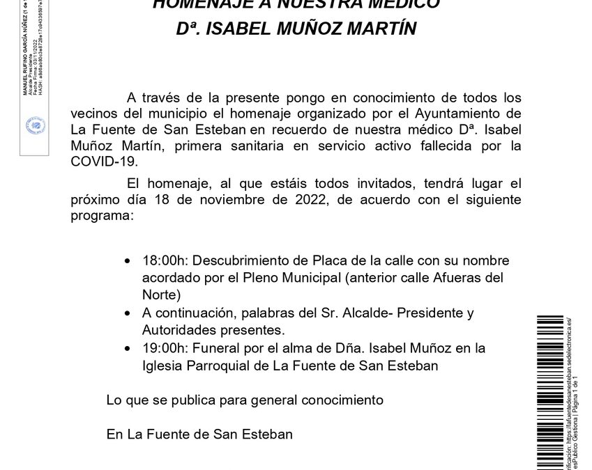 Bando homenaje a nuestra médico Dª. Isabel Muñoz Martín